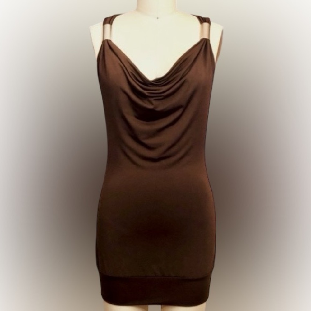 Y2K Racer Back Fitted Brown Sleeveless Dress silver metal accents size xsmall - Picture 6 of 7